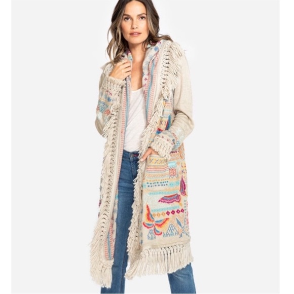 Johnny Was Cyrillus Embroidered Hooded Duster Coat Fringe Boho Truffle XS EUC - Picture 10 of 10